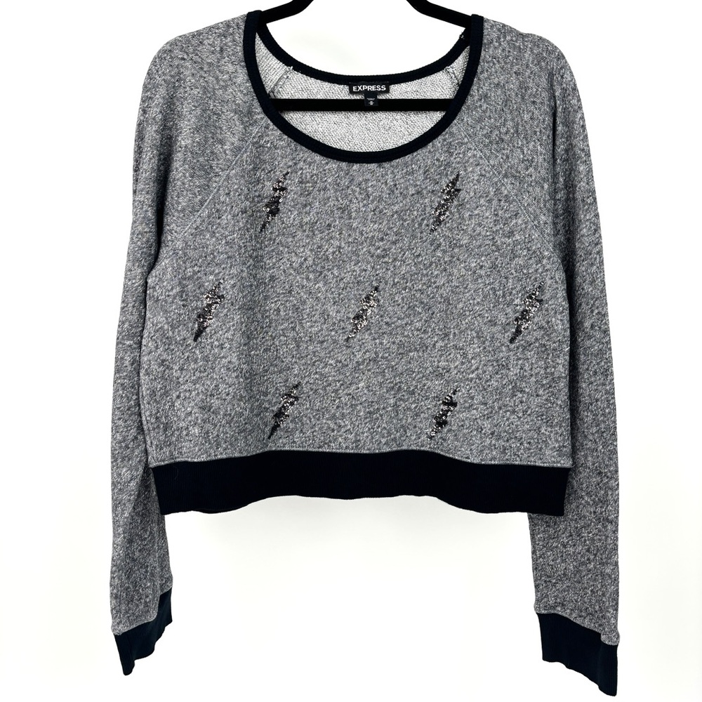 Express Sequined Lightning Bolt Gray and Black Cropped Sweater Size M